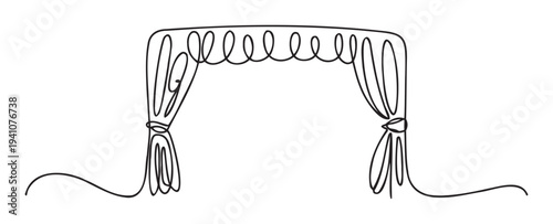 Elegant continuous line drawing of a stage arch with draped curtains, ideal for wedding invitations, event backdrops, or subtle decorative graphic elements