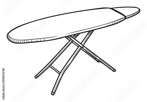 Simple black and white outline drawing of a basic ironing board, a common household appliance used for pressing clothes and various laundry tasks, ideal for domestic and lifestyle content.