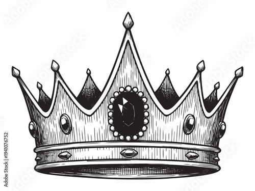 Regal black and white engraving style crown adorned with multiple jewels and sharp points symbolizing monarchy, power, and triumph, suitable for branding, logos, or ornamental prints.