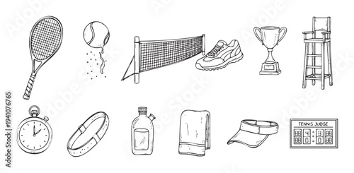 Illustrated tennis equipment set showcasing racket ball net shoes trophy chair stopwatch sweatband water bottle towel visor and scoreboard for sports publications and athletic themes.