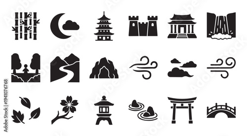 Traditional Japanese cultural and natural landscape icons for travel guides, spiritual retreats, meditation apps, and oriental history presentations