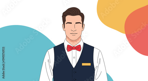 Professional waiter or hotel staff member wearing a dark blue vest and a red bow tie against a colorful background.