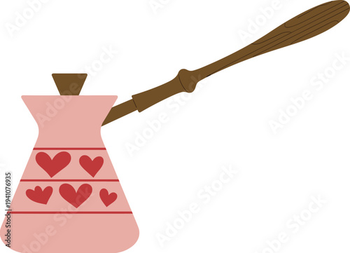 Minimalist pink coffee pot with hearts, wooden spoon, romantic kitchen illustration, flat design, cute love theme beverage brewing concept isolated