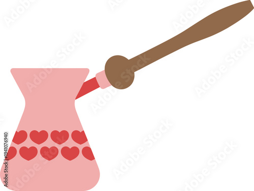 Minimalist Turkish coffee pot cezve with wooden handle and red hearts pattern, cute pink coffee brewing illustration isolated background