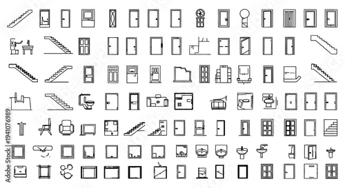 architectural symbols collection illustrating various house elements like doors windows and stairs for construction and interior design projects.
