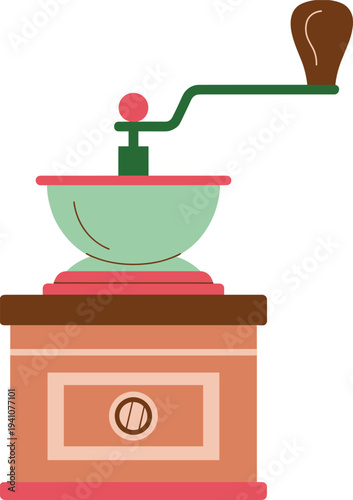 Minimalist vintage manual coffee grinder illustration, retro hand crank coffee mill, classic kitchen brewing tool, flat design isolated