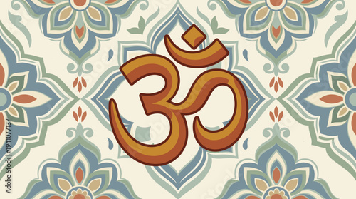 Sacred Bengali Om vector sign over a beautiful seamless vintage floral mandala pattern background. Traditional Hindu spiritual graphic design for meditation and yoga.
