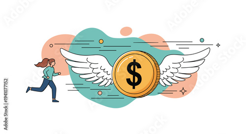 Determined woman running fast to catch a large gold dollar coin with wings representing a pursuit of wealth and financial freedom.