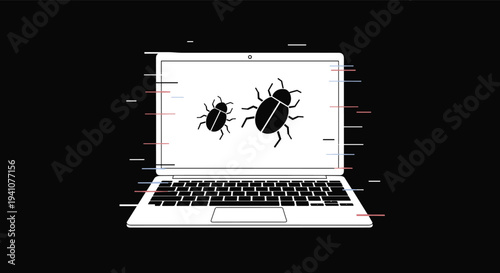 Modern laptop computer screen showing bug icons and digital glitch effects to signify a system error or hack in a dark room environment.
