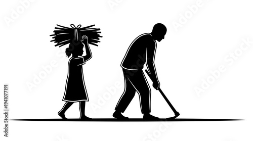 Child labour vector silhouette illustrating a young girl carrying heavy firewood on her head while a man works the field with a hoe. Concept of poverty and rural exploitation.