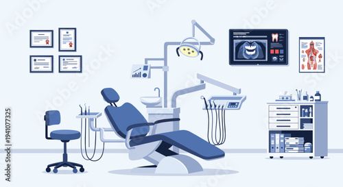 Professional dental clinic interior featuring a modern examination chair, specialized medical tools, and diagnostic displays.