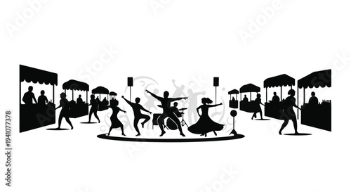 Joyful dancers and musicians perform under festive lights at an outdoor market.