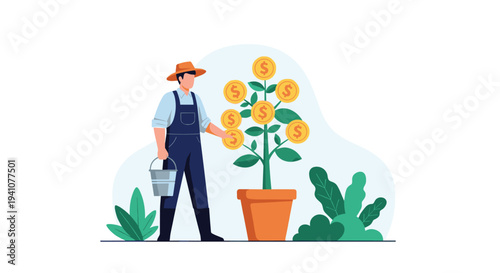 Determined farmer nurturing a money tree with golden dollar coins to symbolize financial growth and investment success.