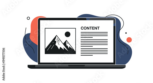 Modern laptop displaying a website content layout with mountains image and text blocks on a colorful background.