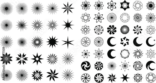 Set of intricate black minimalist vector icons featuring complex circular mandalas geometric vortex patterns decorative spiral ornaments and abstract floral linear elements for modern design.Set of in