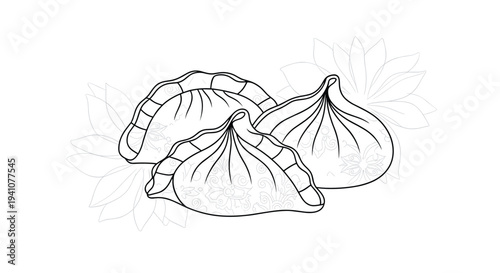 Detailed line art illustration of three traditional dumplings or khinkali with steam and floral patterns in the background.