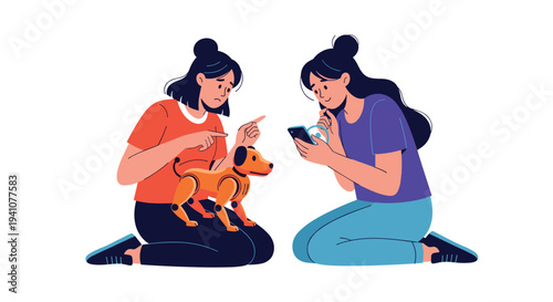 Two young women interacting with an orange robotic dog toy while using a mobile phone app for control and play.
