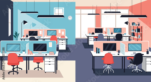 Spacious modern open-plan office interior featuring multiple workstations with computers, ergonomic chairs, and shelves.