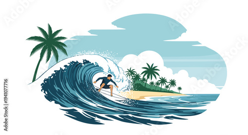 Athletic surfer skillfully riding a massive turquoise wave near a sun-drenched tropical beach with palm trees.