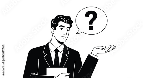 Confused businessman in a suit holding a paper and thinking with a large question mark in a speech bubble above.