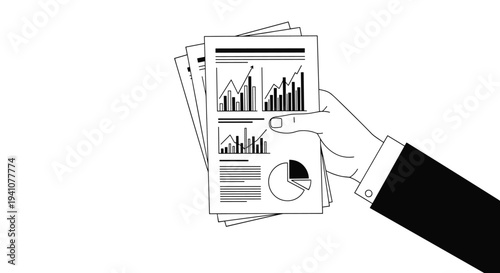 Professional hand holding a stack of financial reports featuring various bar graphs and pie charts for analysis.