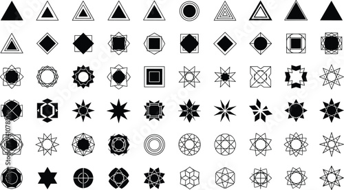 Large collection of black minimalist vector icons featuring solid triangles nested squares hexagonal stars circular frames and abstract geometric ornaments for modern graphic design.Large collection o