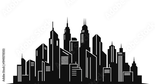 City skyline with tall buildings.