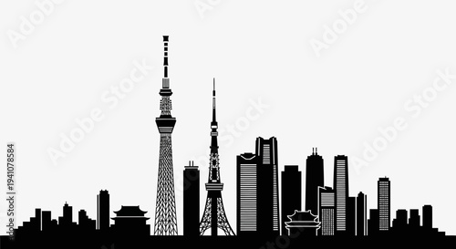 City skyline with tall buildings.
