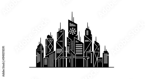 City skyline with tall buildings.