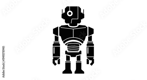 Black robot character standing alone.