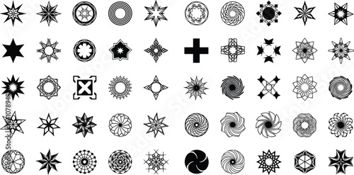 Abstract minimalist geometric vector icon set featuring y2k aesthetic shapes, stars, crosses, brutalist symbols, and futuristic decorative design elements.Abstract minimalist geometric vector icon set