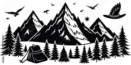 
Black and white mountain landscape with trees, backpack, and birds flying
