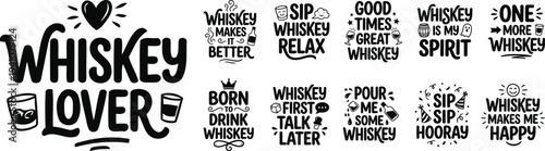 Funny Whiskey Lover Quotes Typography Bundle for T-shirt, Prints, Bar Posters, and Party Decor