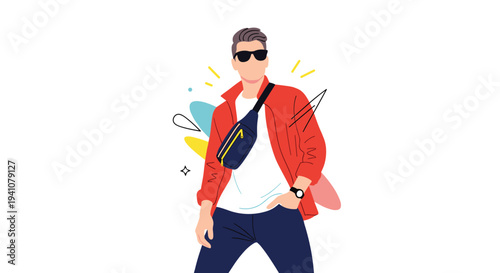Stylish young man wearing sunglasses, a red jacket, and a navy blue waist bag posing in a casual trendy outfit.