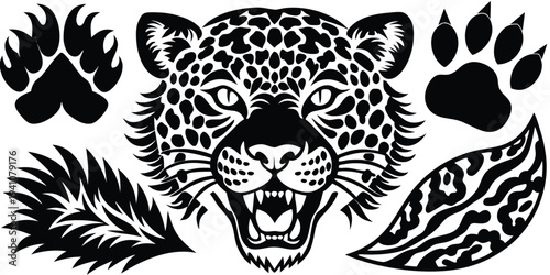 Black leopard head with paws and feather tattoo design