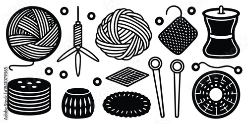 Sewing tools and accessories, black and white illustration
