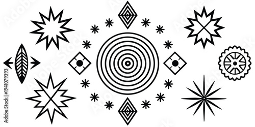 Black geometric shapes, abstract starburst designs, circular patterns