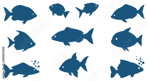 Collection of blue fish silhouettes on transparent background