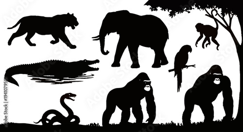 African wildlife silhouettes against a vibrant sunset on transparent background