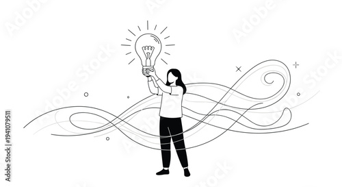 Empowered woman holding a large glowing light bulb to symbolize new ideas, creativity, and innovative thinking.