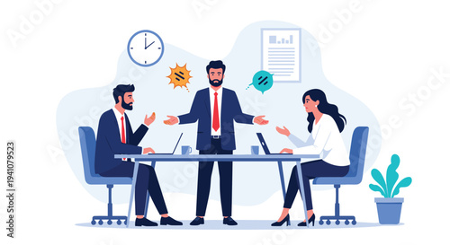 Professional business meeting scene with three people discussing projects at a table with laptops and documents.