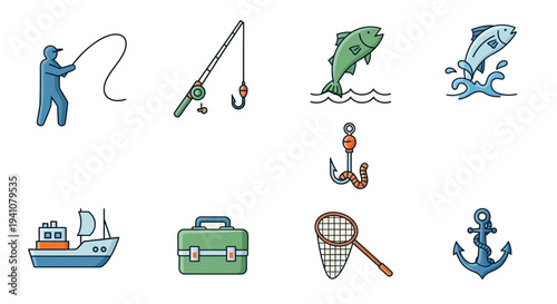 Fishing icons set featuring a fisherman boat and tackle silhouette on transparent background