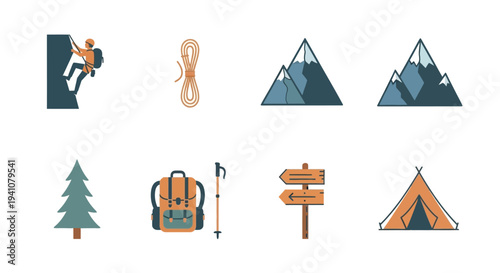 Mountain climbing and camping icons set on transparent background silhouette