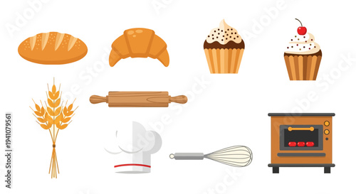Bakery treats and tools illustration on transparent background silhouette