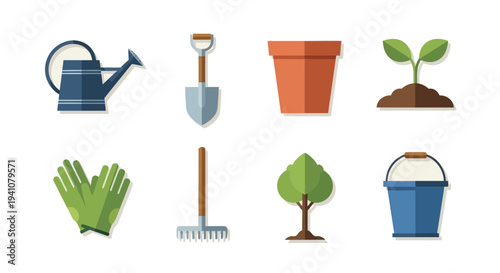 Gardening tools and plants in a flat design silhouette on transparent background