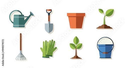 Gardening tools and plants collection flat vector illustration on transparent background silhouette