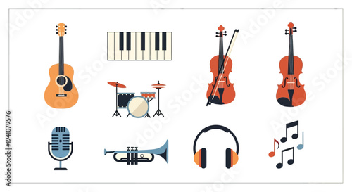 Musical instruments collection with a modern style on transparent background silhouette