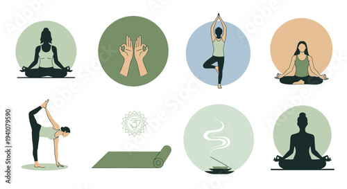Yoga poses and elements illustration ideal for wellness designs silhouette on transparent background