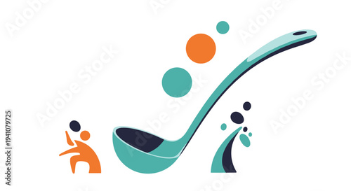 Creative illustration features a large turquoise ladle with floating orange and teal circles and small human figures in a minimal style.