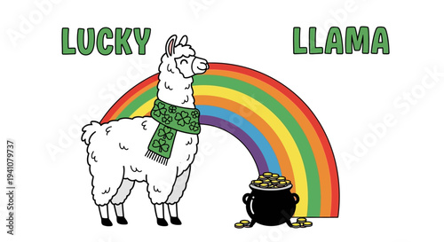 Lucky llama with rainbow and pot of gold on transparent background silhouette